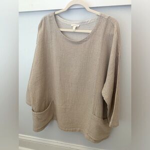 Eileen Fisher XL Organic Linen Cotton Lagenlook Long Sleeve Top Blouse Tan